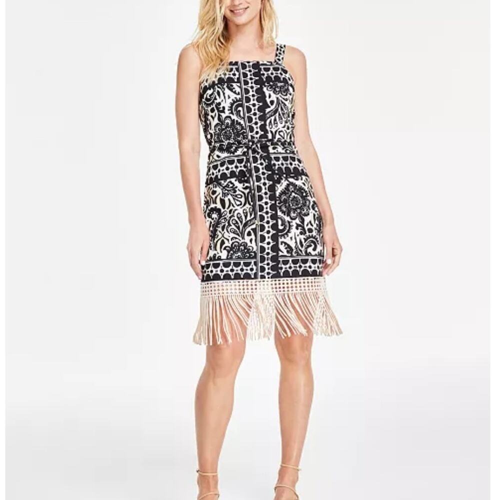 Womens Tahari ASL Border Print Fringe Sheath Dress Size 4